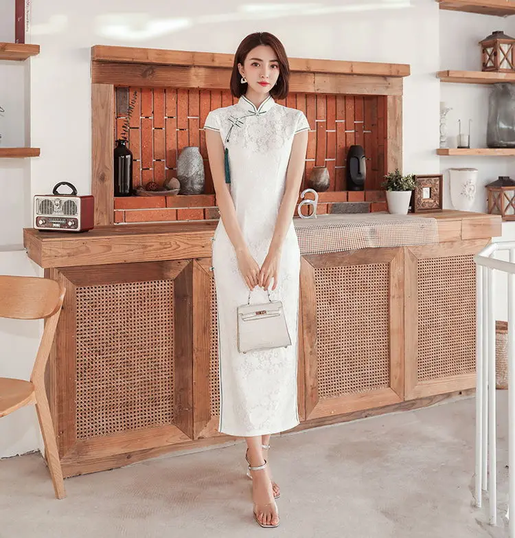 Qipao женское готовое белое кружевное современное летнее китайское длинное платье с коротким рукавом