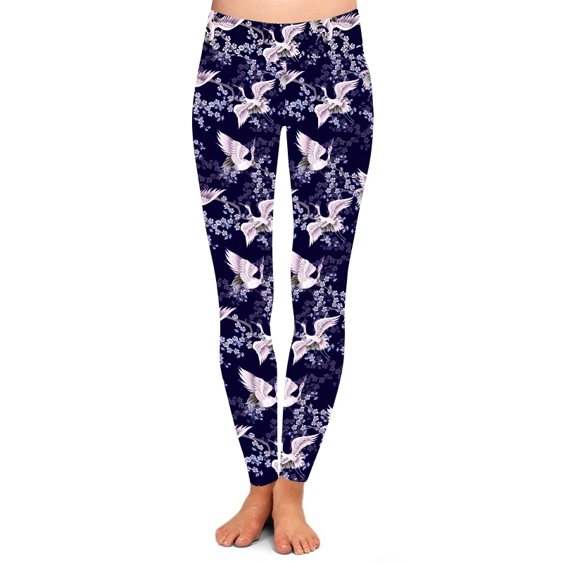 92% polyester 8% spandex 230gsm High quality Brushed super soft sakura branches and white Japanese cranes leggings