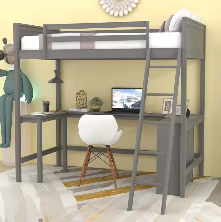 Twin Loft Bed with Built-in-Desk and Storage Side Cabinet Children Wooden Bunk Bed Kids Bunk Bed