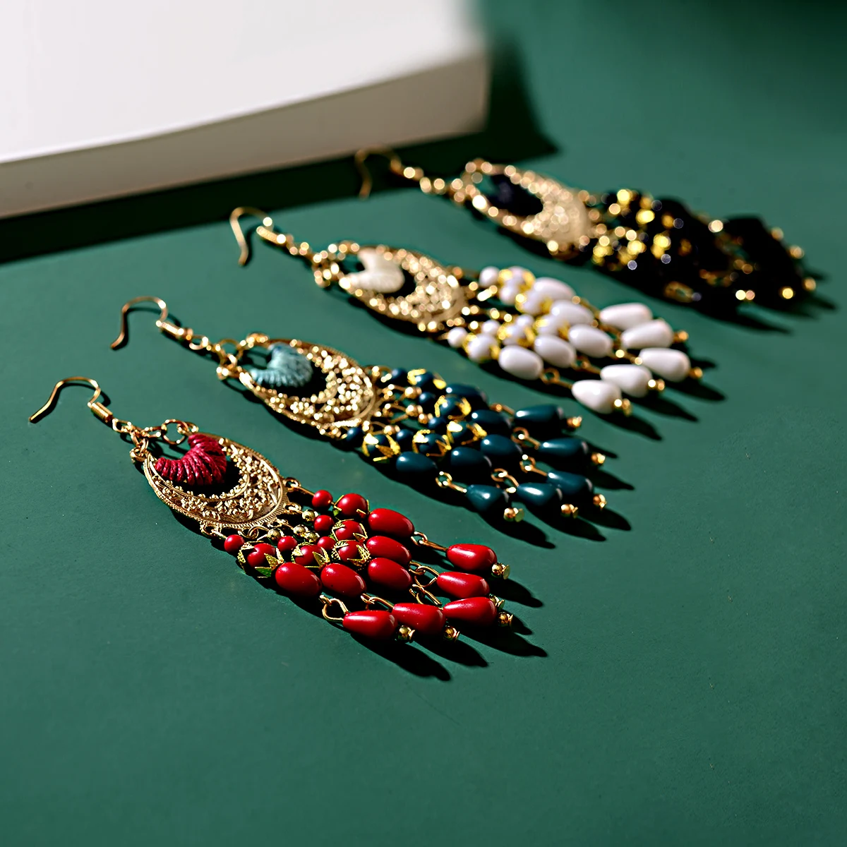 2021 Vintage Ethnic Bohemian White Beads Jhumka Earrings Geometric Metal Tassel Indian Earrings Tibetan Jewelry