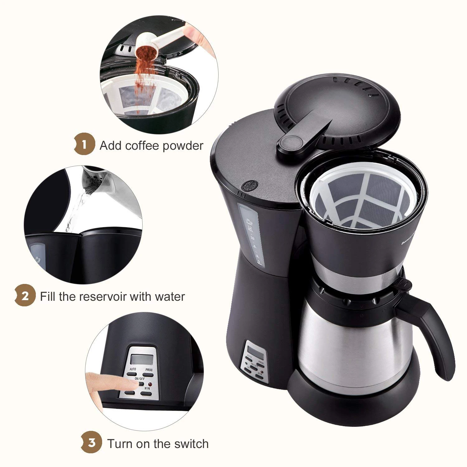 Homezest CM-828TW 10-12CUPS Капельное кофе тем самым позволяя зернам раскрыться чайник-термос