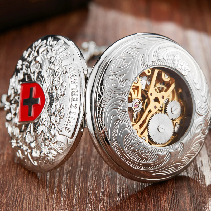 Unique Fashion Switzerland Red Cross Mechanical Pocket Watch With FOB Chain Silver Edelweiss Sculpture Hollow Skeleton Clock Men