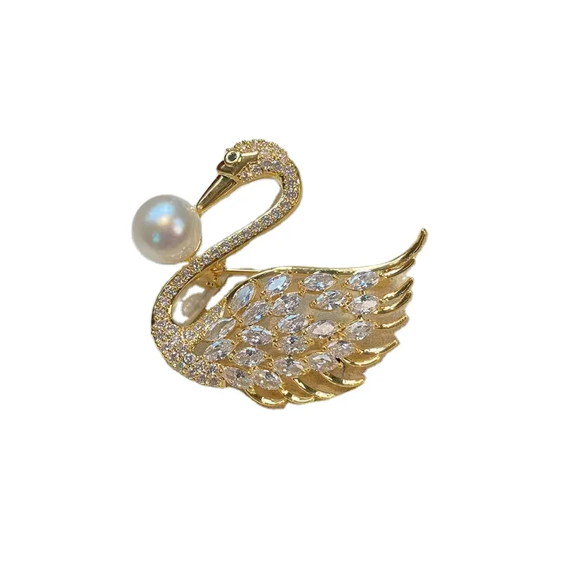 Wholesale without pearls can be freely matched in pearls brooch Gold zircon swan brooch