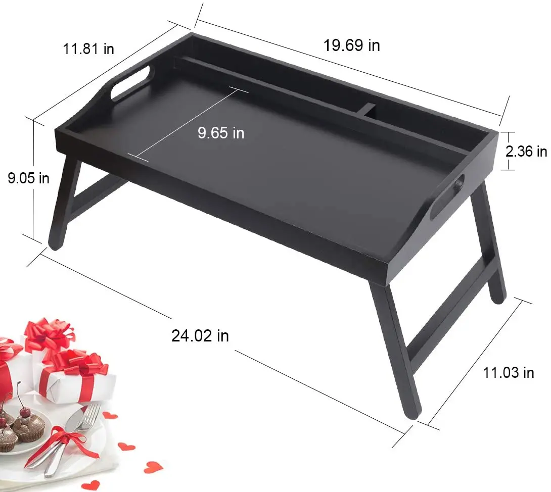 Black Paint Bed Tray Table Folding Legs Bamboo Breakfast Food Tray Foldable Platter Tray Laptop Desk With Media Slot Handles
