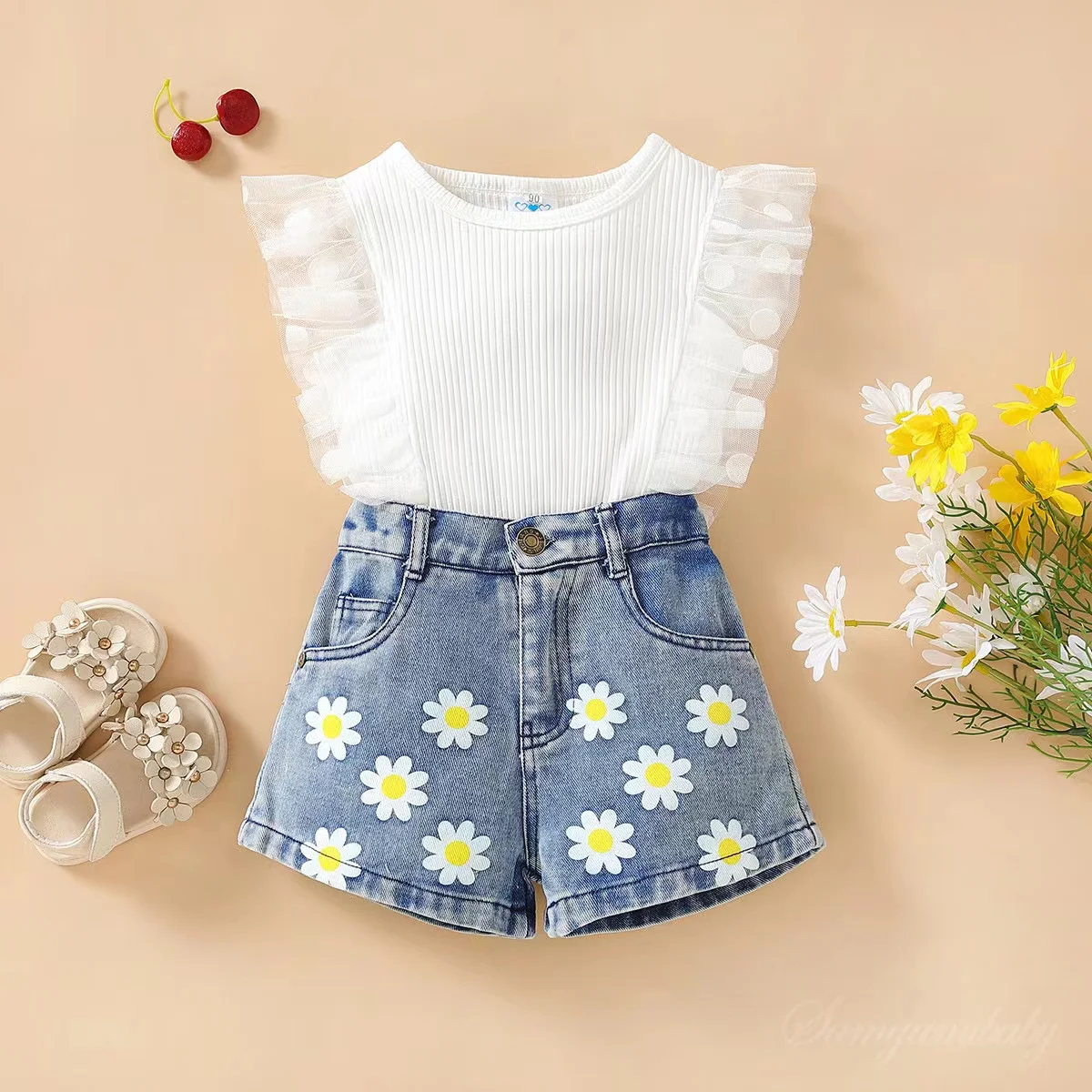Hot sale Infant Baby Summer Dot Mesh Denim Floral Shorts Sets Clothes