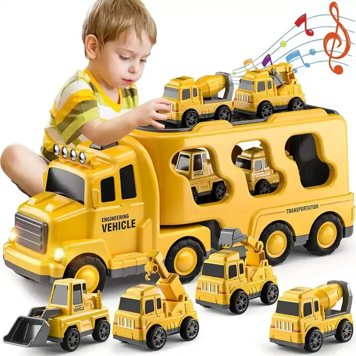 2023 Friction Power Vehicle 5-in-1 Friction Die cast Car Model Construction Truck Toys Carrier Truck Toys Kids Christmas Gift
