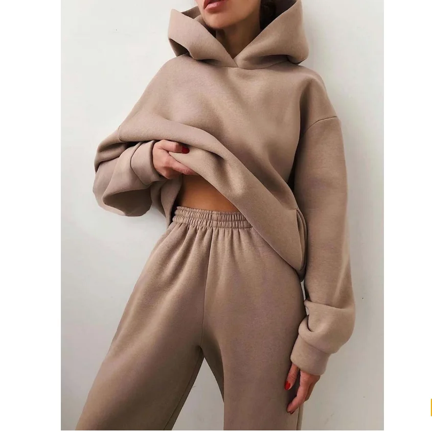 wholesale Women Elegant Solid Sets Warm Hoodie Sweatshirts And Long Pant Fashion Two Piece Sets Ladies Lace Up Sweatshirt