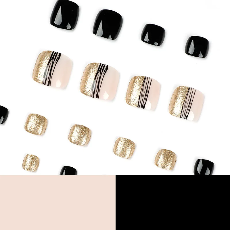 Shiny Black Glitter False Toenails Gold Glitter Wholesale Full Cover Square Toe Tips With Eco-Friendly Waterproof Nail Glue