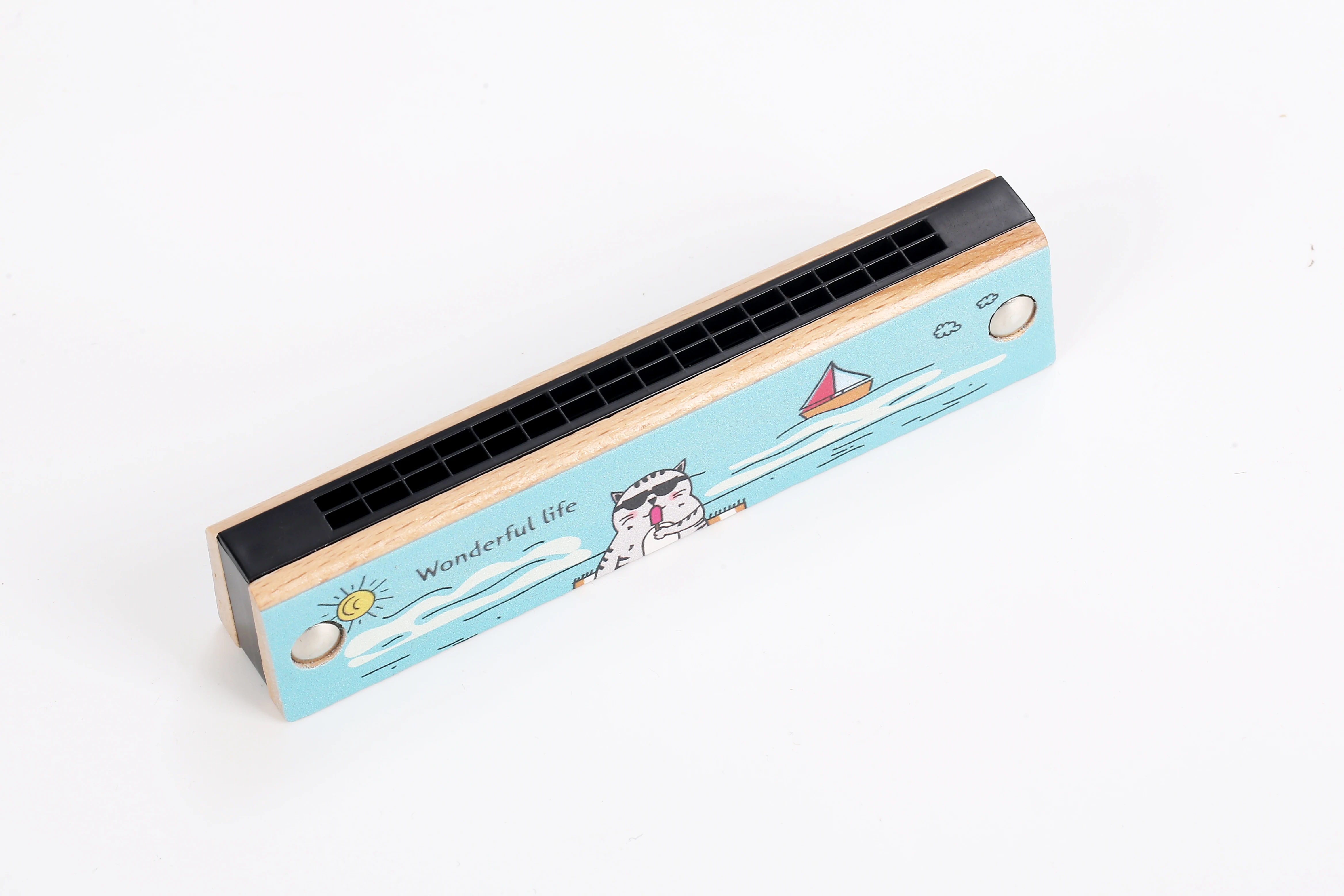 Wooden Cartoon 16 Hole Double Row Harmonica Wooden Children Body Wood Material