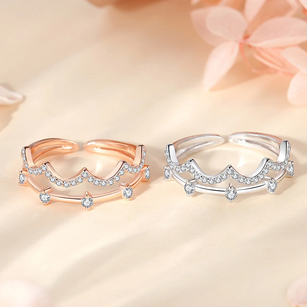 Fine Jewelry Geometric Rose Gold Dainty Finger Princess Crown 925 Sterling Silver Girls Design Layer Rings