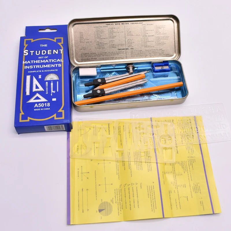 12 pcs High quality China customized tinplate geometry box school geometric math set back to school mathematical set