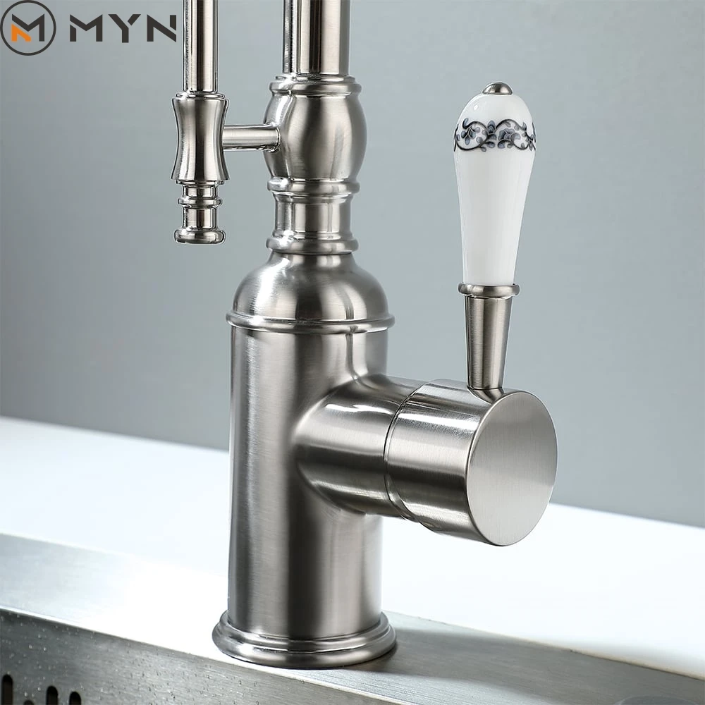 Latest all copper brass American style chrome black gold kitchen faucet sink spring pressurized cold and hot rotating faucet