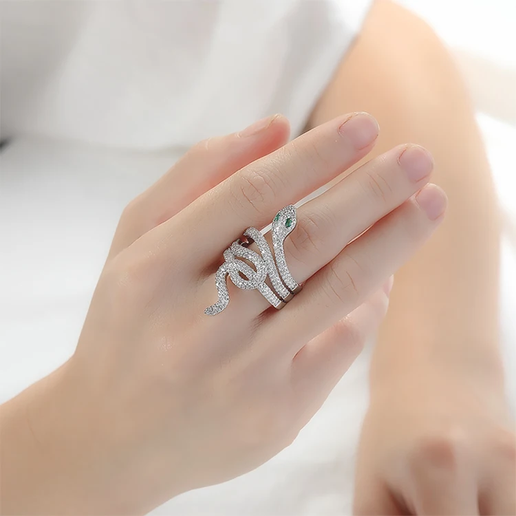 
Quality Animal Snake Ring Full AAA Cubic Zirconia Green Gemstone eyes Snake Rings Silver Plated Jewelry ring 