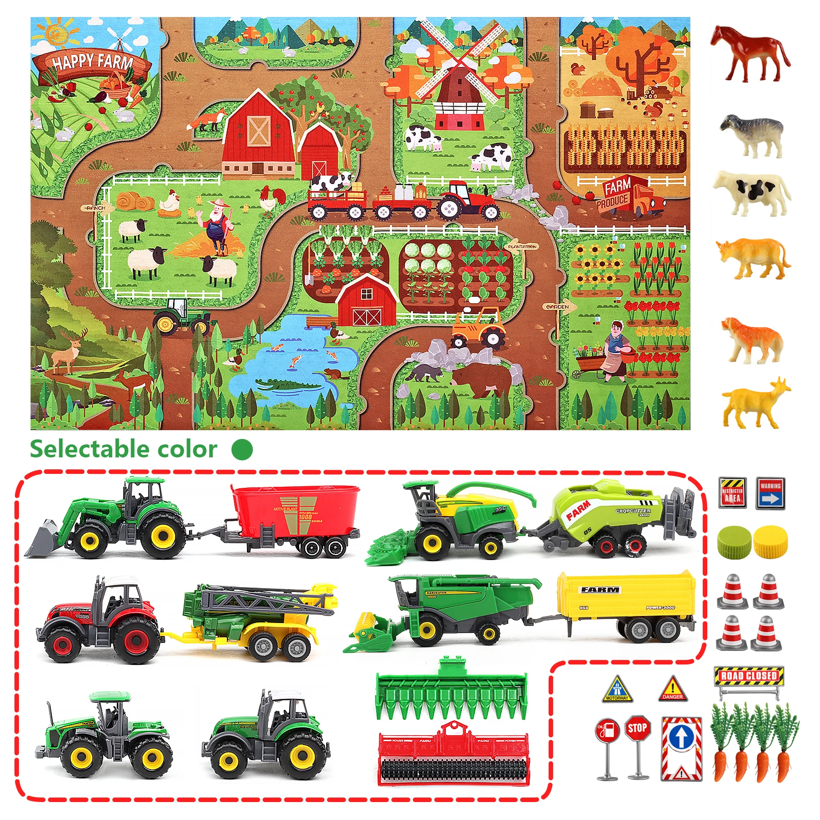 Sunq Factory Price 2023 New Arrive 37Pcs Farm Set Realistic Animal Figures Diecast Car Toy Tractor For Kids With Play Mat