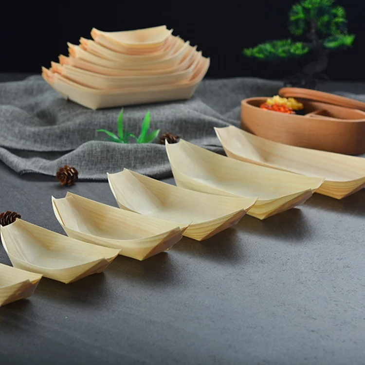 Vitalucks customized logo modern simple 9inch disposable pine birch bamboo japanese wooden sushi serving boat