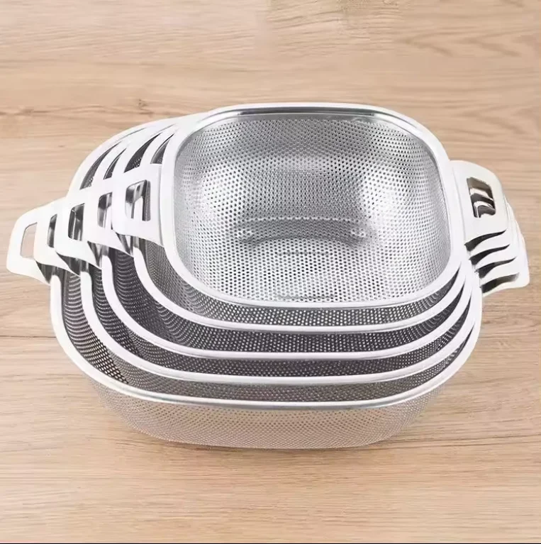 Factory wholesale custom square stainless steel rice sieve vegetable fruit mesh strainers bowl drainer basket kitchen colanders