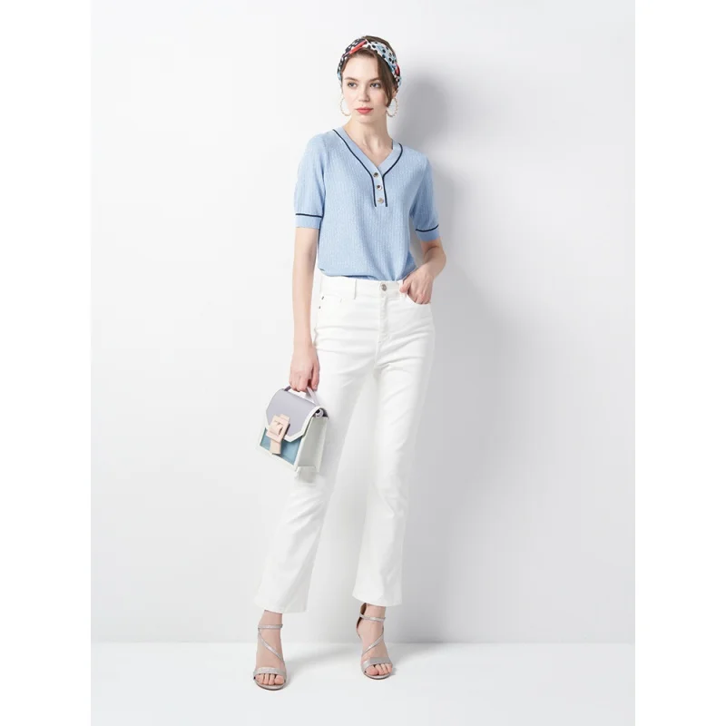 2021 Spring V-neck women sweater pullover knit shortleeve sweater