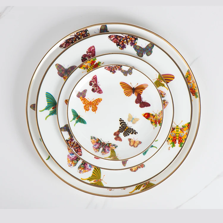 Набор тарелок-бабочек высокого качества, оптовая продажа, набор столовых приборов, тарелка с зарядным устройством, керамическая фарфоровая посуда