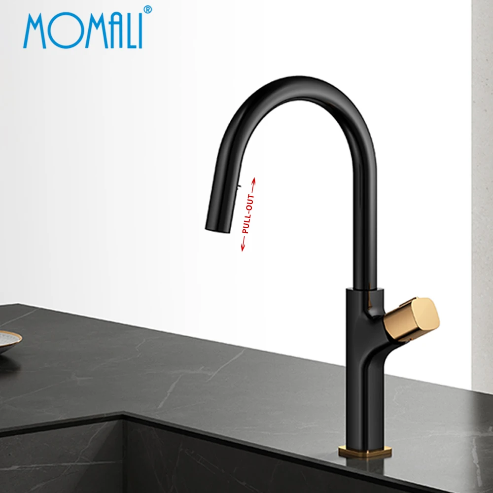 Momali wholesale price chrome matte black gun metal rose gold hidden brass retractable pullout pull-out kitchen sink faucet