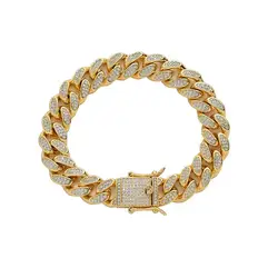Stock real gold color miami jewelry brass 12mm width zircon cuban chain bracelet