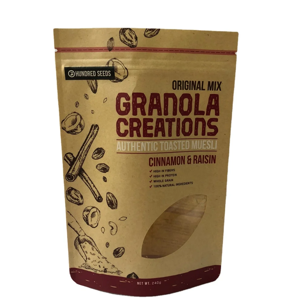 Granola Creation Seeds packaging 1.25kg 20x30+5CM Clear Brown Zip Lock Zipper Kraft Paper Bag