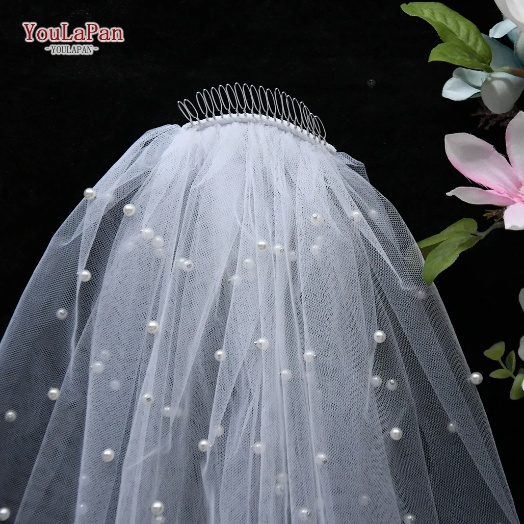 
YouLaPan V05 Pearl Bridal Veils with 3 Meters Trim Beaded Cathedral Wedding Tulle Wedding Weil 