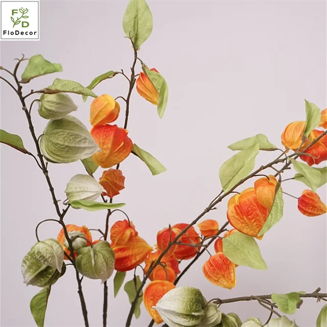 2024 New Arrival PU Poha Berry Fruits Artificial Hanging Autumn Long Branch Flower Physalis Peruviana Floral Arrangement