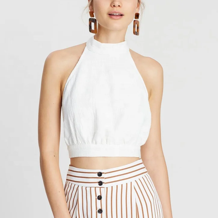
OEM pure cotton sexy blouse sleeveless and backless halter neck top 