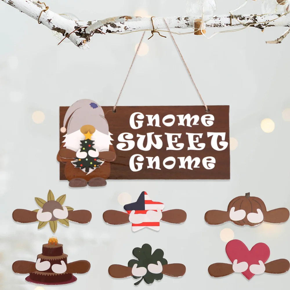 New Welcome DIY Wooden Door Sign Hanging Round Gnome Sign Christmas Front Door Decoration