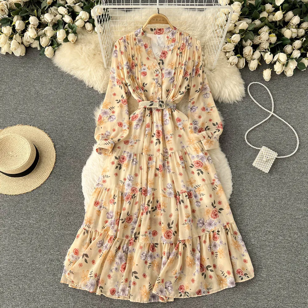 Women Clothes Long Sleeve V-Neck Print A-Line Dress Floral Print Chiffon Ladies Casual Dress