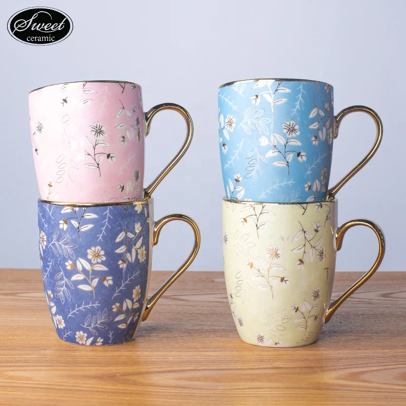 Custom Ceramic 11oz  stackable mug  with golden electroplating handle Coffee mug breakfast cup