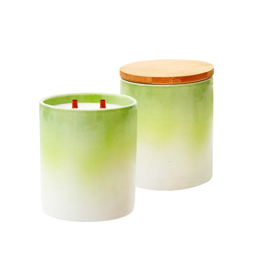 Fresh light green gradient color glaze ceramic candle jar with wooden lid ceramic candle cup / water cup / pen holder