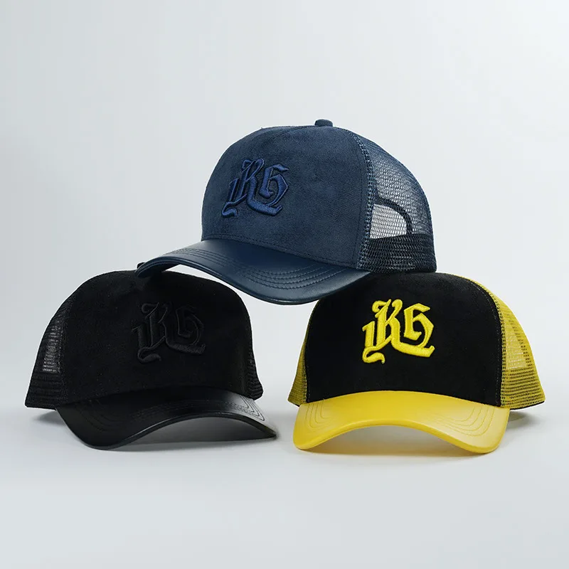 New Arrival OEM Suede Custom Embroidery High Quality Mesh Trucker Hat With Leather Brim