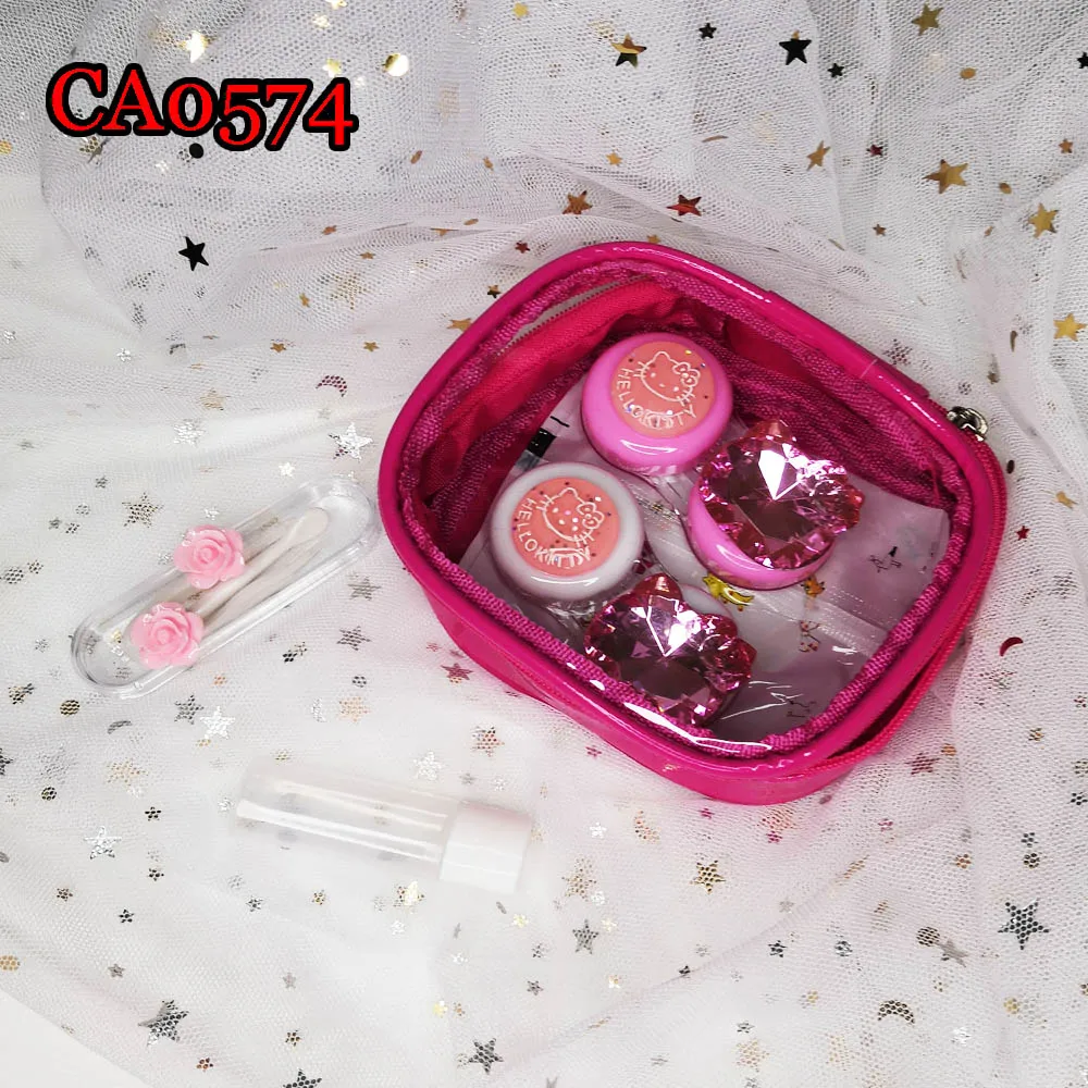 VIVIGO special pink sweety KT with diamond 2pairs set contact lens case, PU bag CA0574