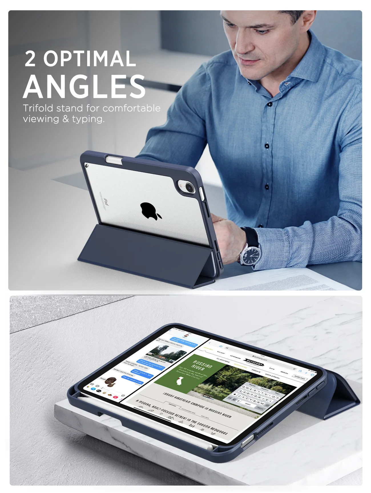 MoKo Case Fit New iPad Mini 6 Case with Pencil Holder with Soft TPU Frame Hard PC Clear Transparent Back Shell Smart Cover