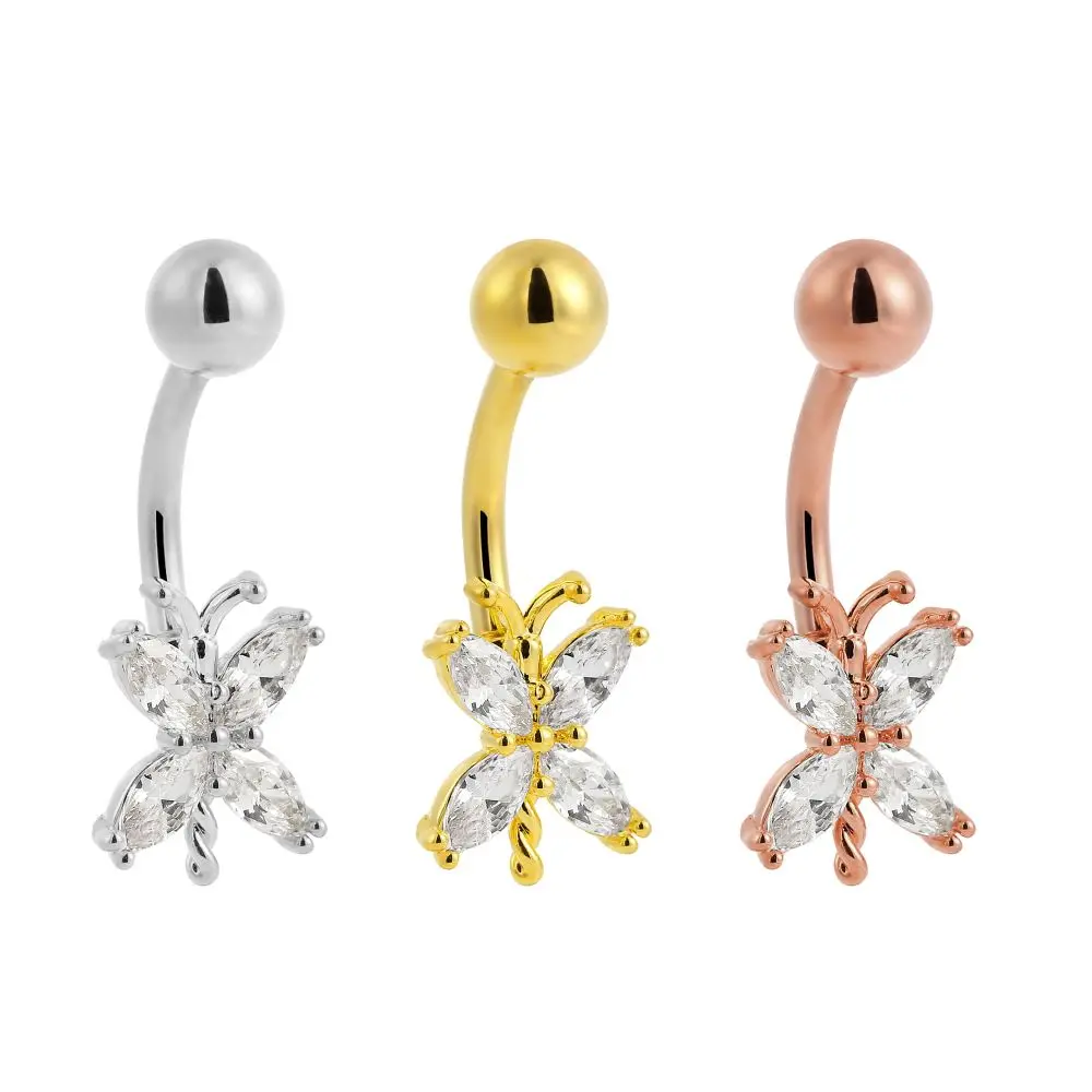 Superstar Custom fashion inlay zircon crystal butterfly body piercing jewelry navel ASTM F136 titanium women belly button ring