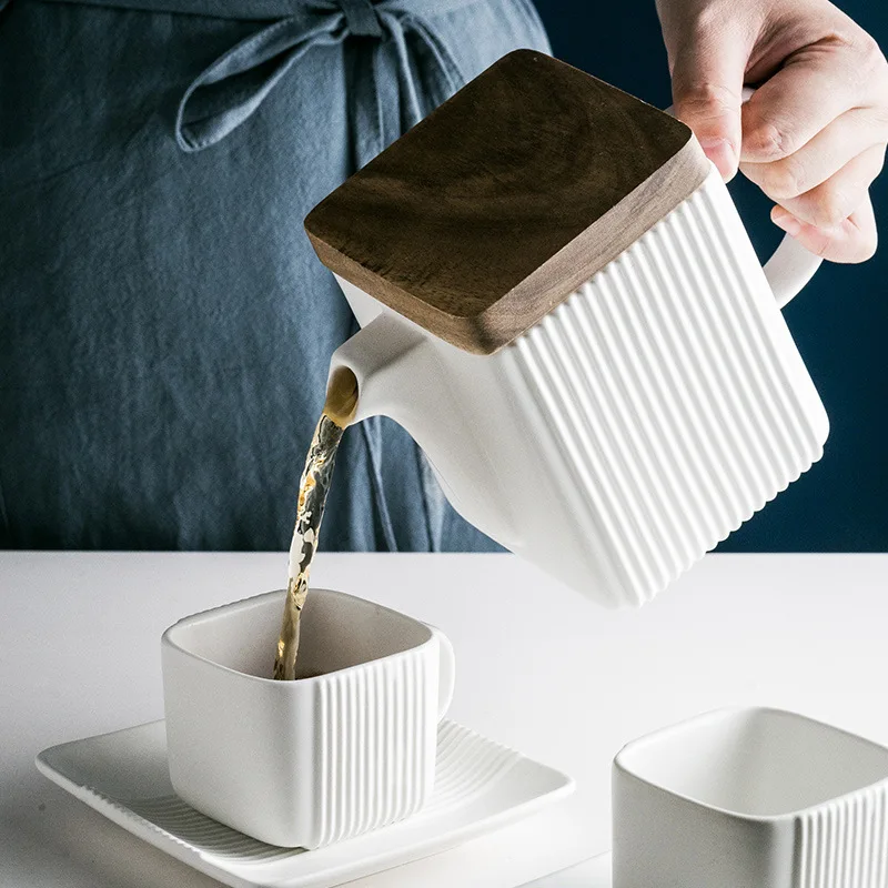 Square Straight Grain Coffee Cup Set Wood Cover Creative Ceramic Tea Set With Saucer Coffee Tea Pot and Cups