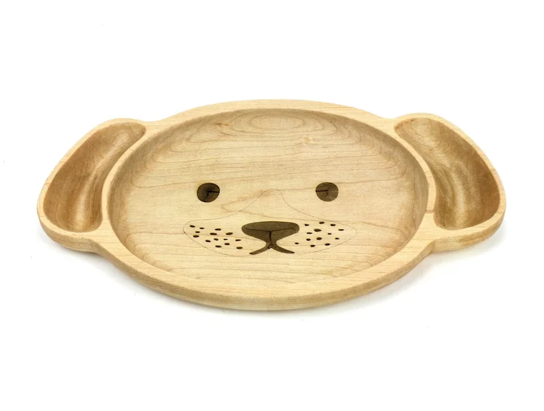 eco-friendly solid Wooden Personalization Child Kids burger chees breakfast bread cheese Snack Dish Baby First Animal Face Plate
