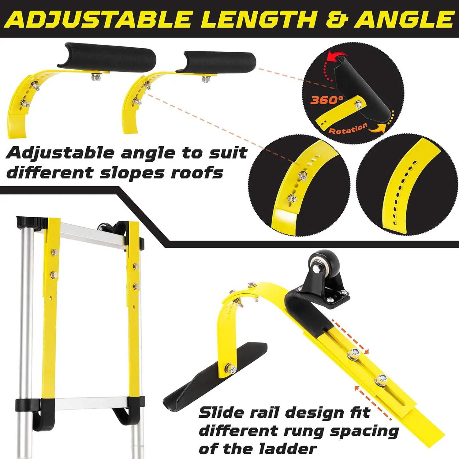 Ladder Hooks for Roof Heavy Duty Steel Ladder Stabilizer with 360 Rotatable Grip