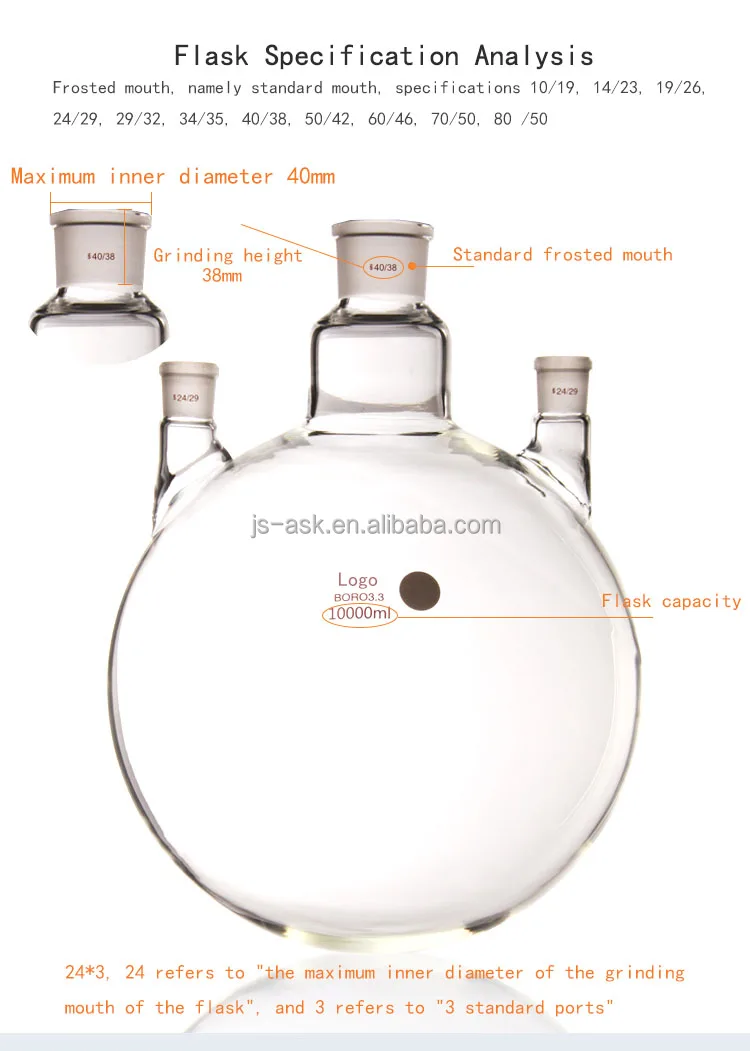 ASK Manufacture 50 100 250 500mL 1-50L Three Mouths Necked Round Bottom Flask