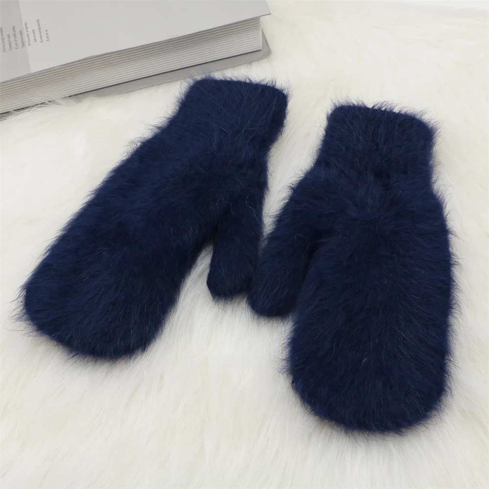 Women Ladies Solid Winter Fuzzy Rabbit Hair Blended Knitted Mittens White Hot Pink Warm Thick Warm Outdoor Mitts Gloves