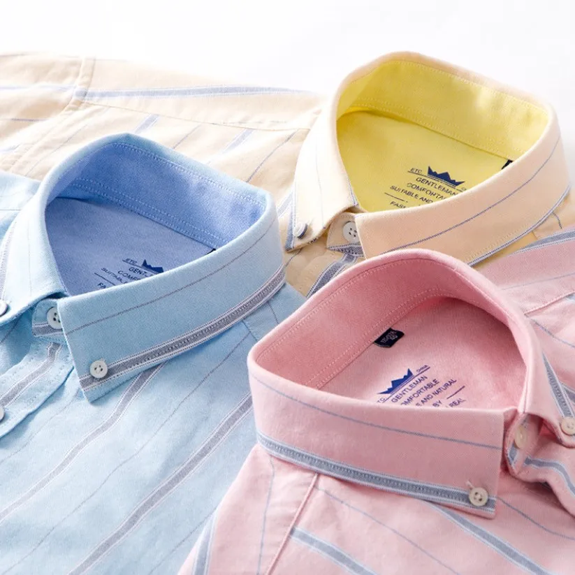 Мужская Повседневная рубашка с воротником на пуговицах, рабочая рубашка из чистого хлопка с длинными рукавами, клетчатый потертый топ из ткани Оксфорд