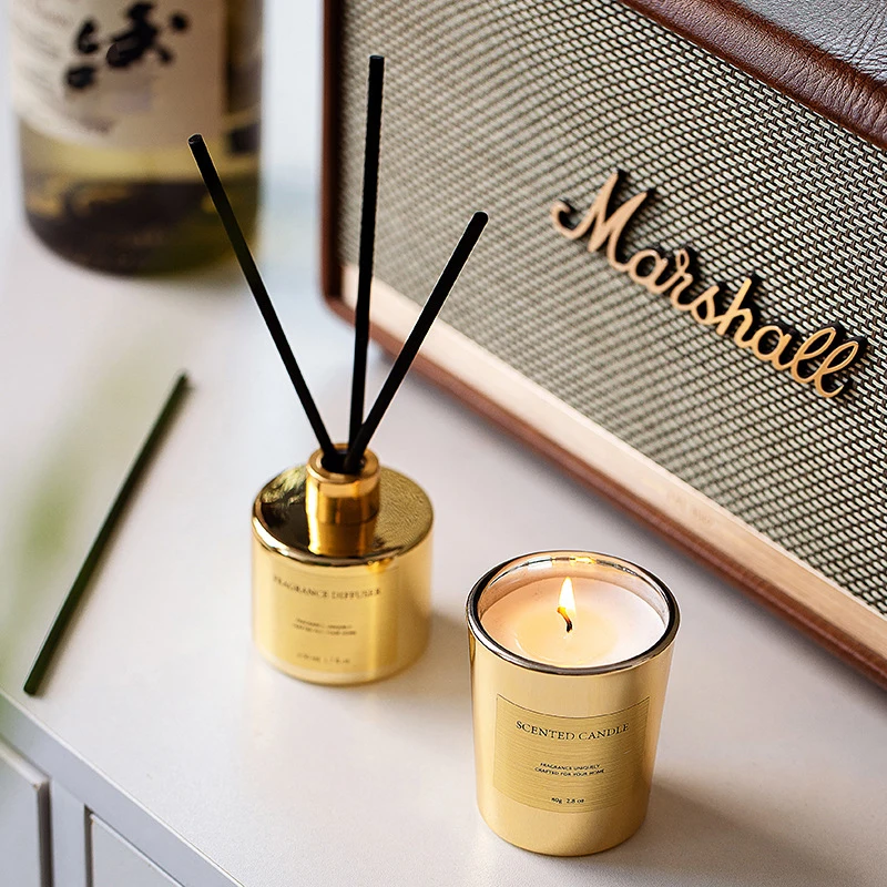 Оптовая продажа, Золотая бутылка для диффузора, набор для свечи и диффузора, роскошный набор для диффузора с ароматом соевого воска, Золотая Серебряная банка для свечей
