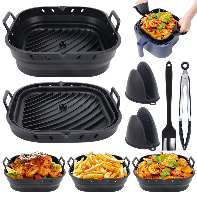 Nonstick Silicone Airfryer Accessory Set Basket Foldable Square Air Fryer Silicone Accessories Bakeware Liner Pot Mold for Fryer