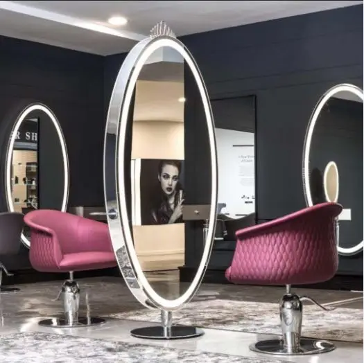 beauty design chair and styling station set furniture oval double sided hair salon mirror with led lights