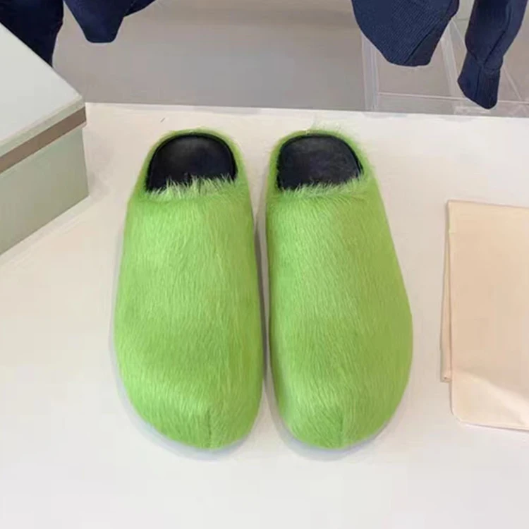 Fashion Luxury Women Winter Loafers Flat Real Fur Slides Horsehair Fluffy Plush Furry Slipper with Logo Customized