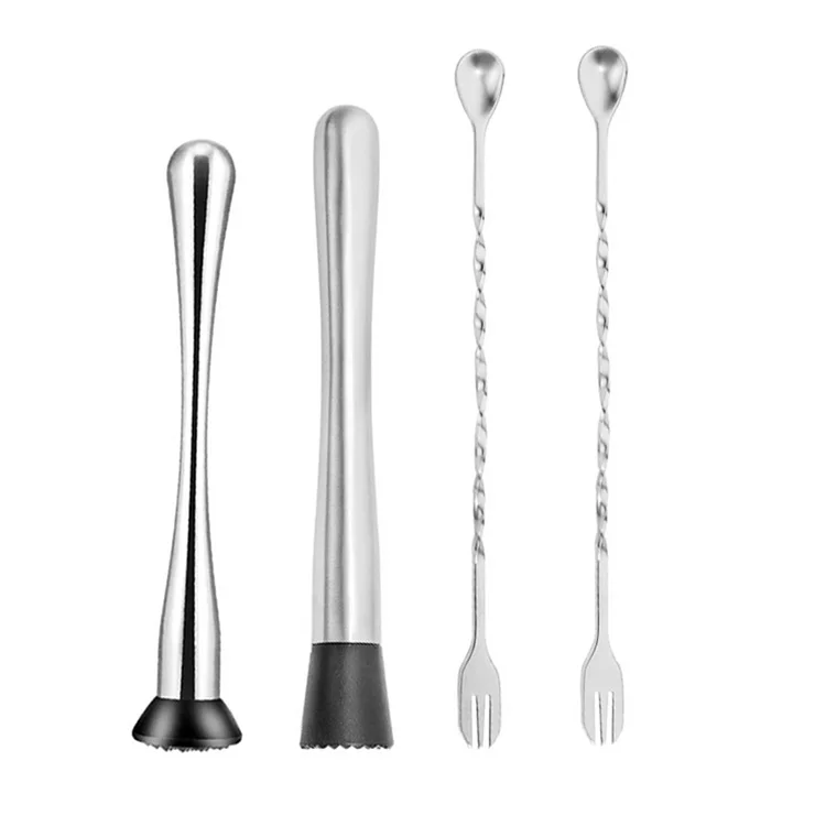 Home Bar Tools 4-Pieces Stainless Steel Cocktail Muddler and Mixing Spoon for Mojitos Fruit Based Drinks