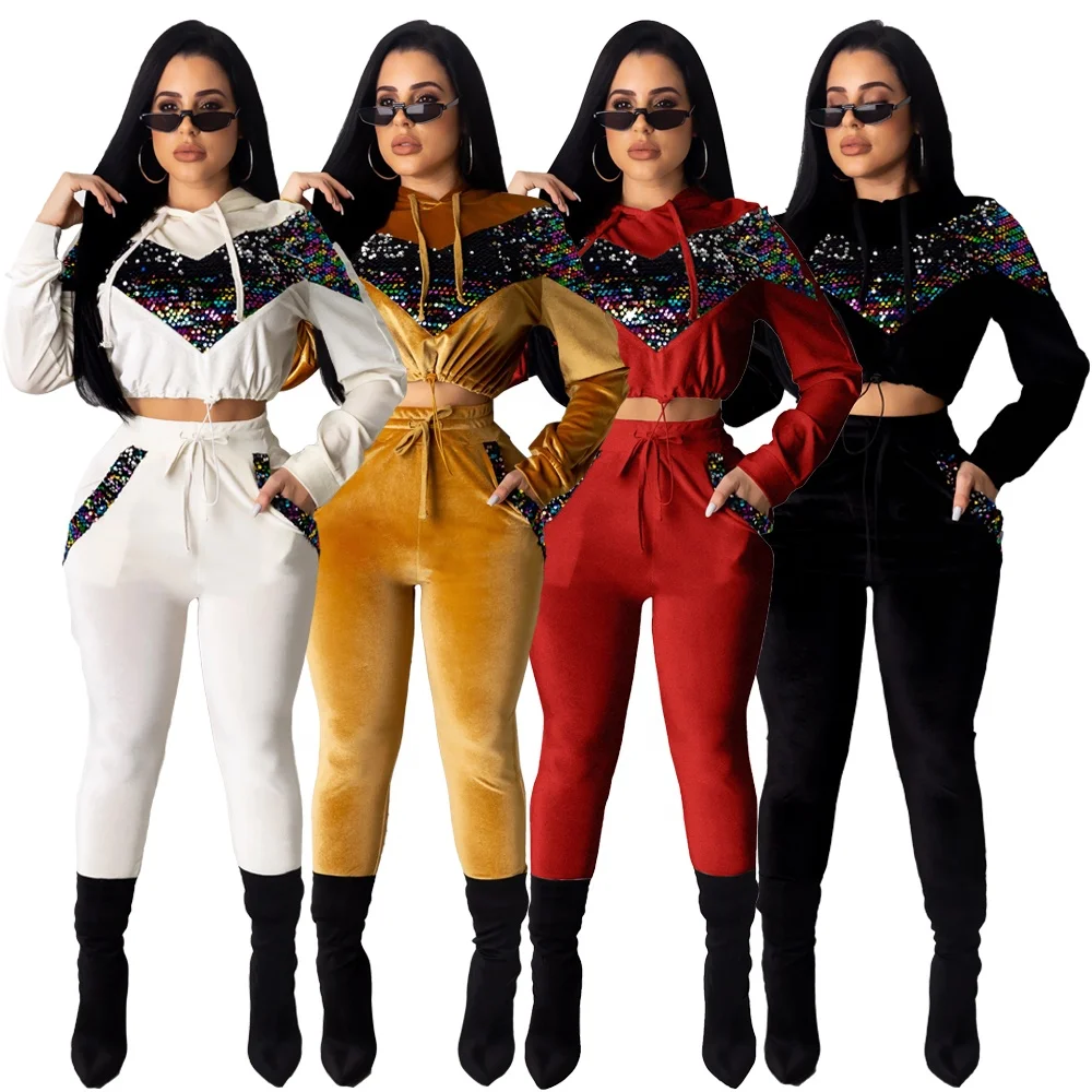 
Wholesale Sequined Blank Velour 2 Piece Winter Sweatsuit Jogging Sports Plain Women Sweat Suit 