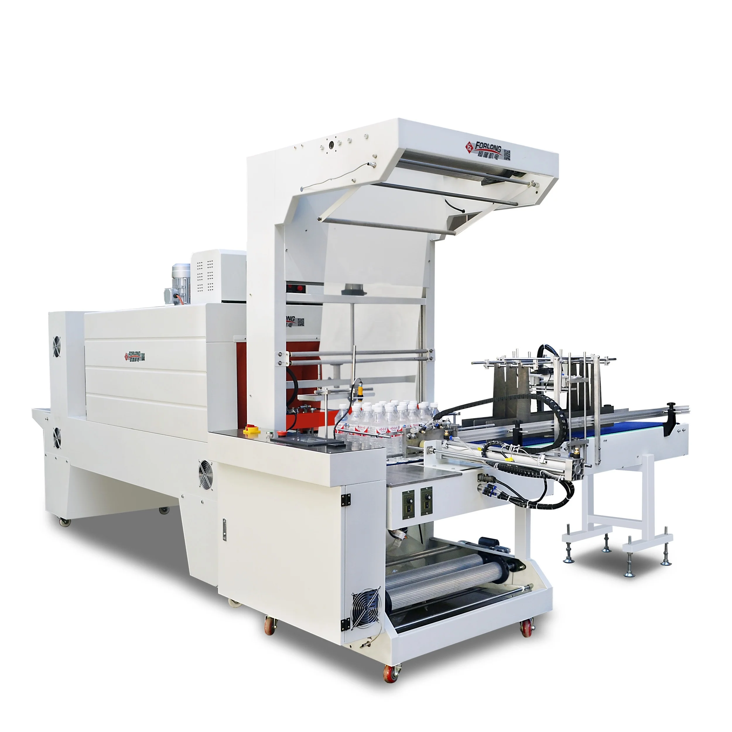 Automatic high speed PE roll film tape bottle jar conveyor shrink wrapping machinery