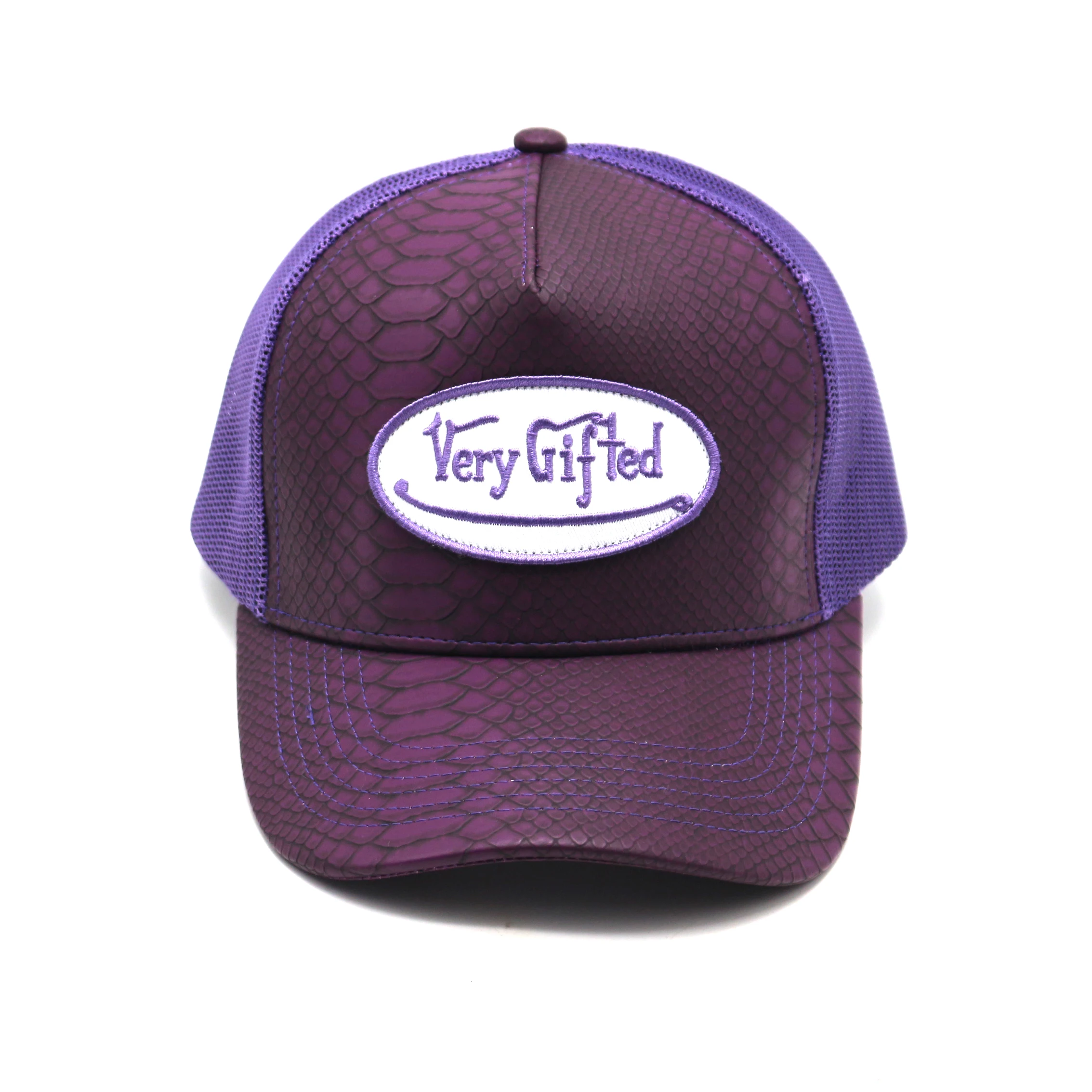 New Style Custom Embroidery logo Fake Snake Skin 5 Panel Pu Leather Mesh Trucker Hat Cap Wholesale